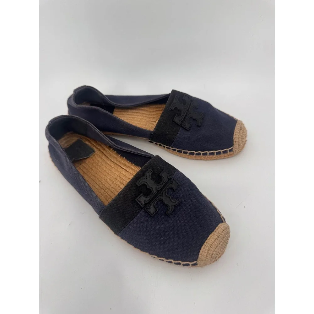 Tory Burch Weston Flat Espadrilles Women 8 Navy Blue Canvas Logo